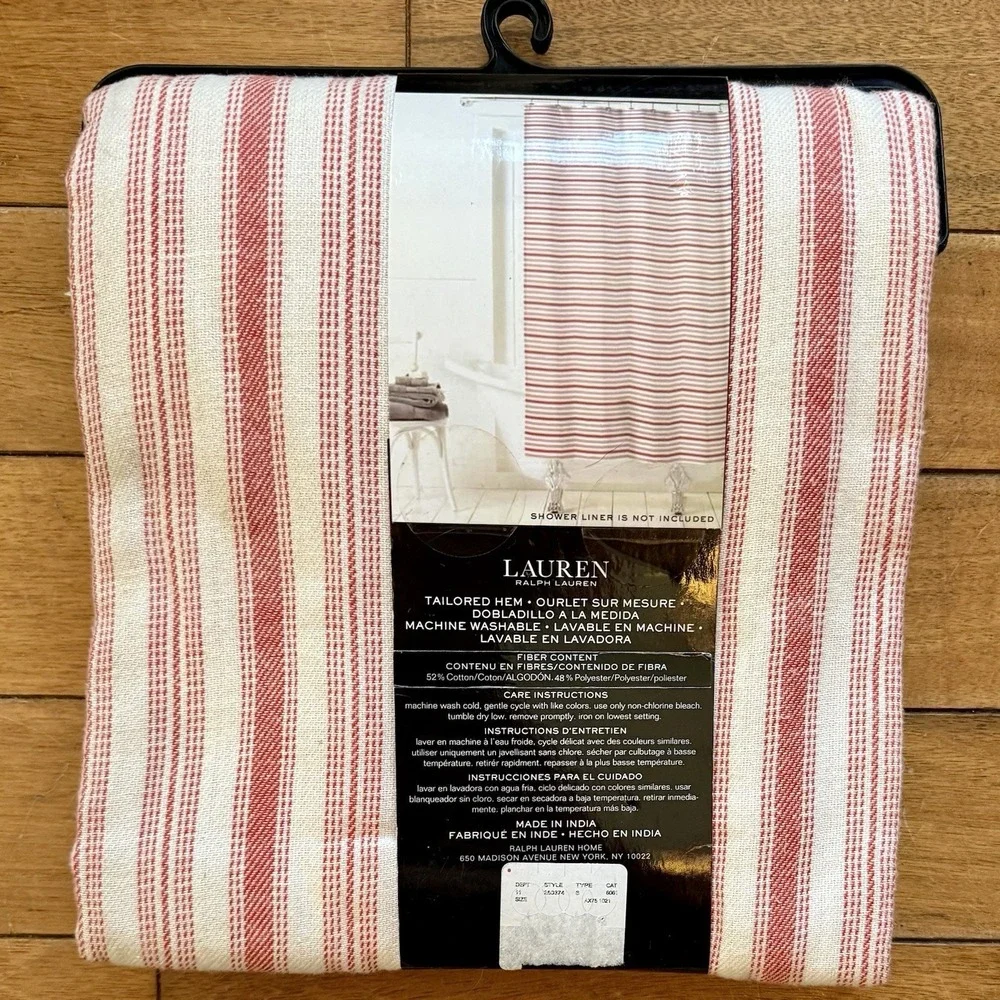 NEW! Lauren Ralph Lauren Red White Stripe Candy Cane Cloth Shower Curtain 70x72